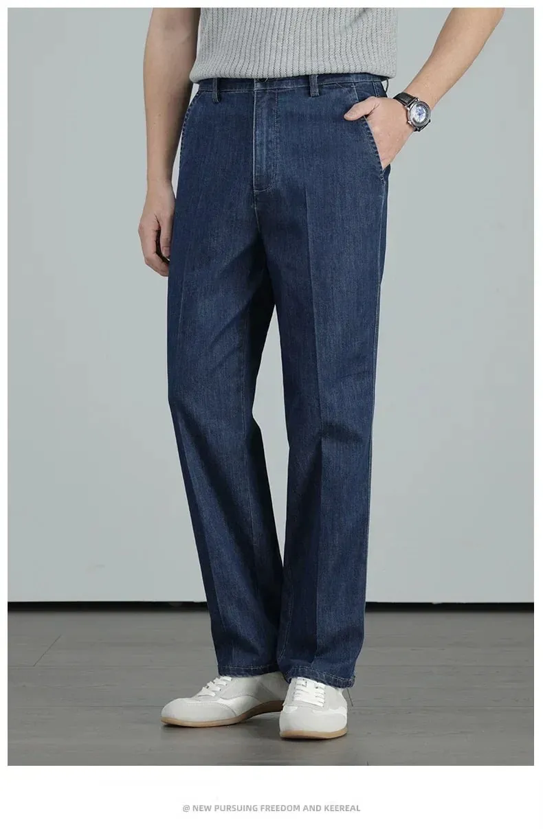2026 Summer High Quality Clothing Men's Lightweight Straight Jeans Silk Lyocell Business Casual Thin Trousers Denim Pants