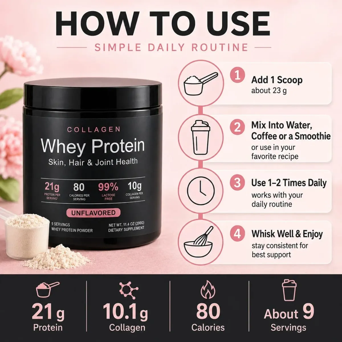 Whey Protein Powder Unflavored Muscle Recovery Joint Health Skin Hydration Grass-Fed Collagen Daily Nutrition Support