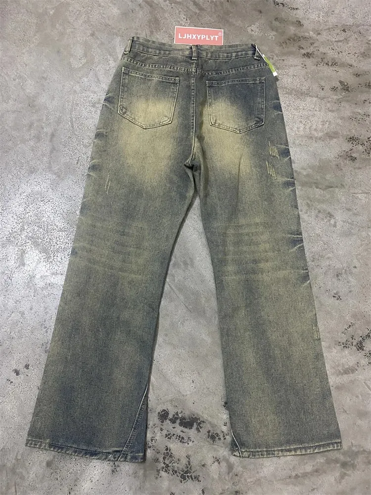 Men's Side Crease Design Straight Jeans Spring Street Sweatpants Boys Trousers Male High Waist Wide-leg Denim Pants