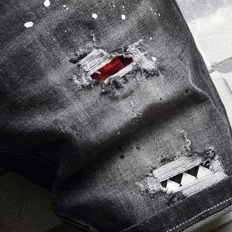 2025 Denim Shorts Men's Summer Trend Brand Printed Embroidered Trend Slim-Fit Casual Elastic Black Trousers Man Jeans Pants