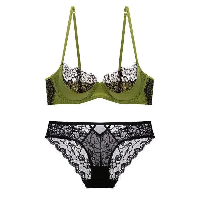 Plus Size Half Cup Sheer Lace Bra Set Ultra Thin Minimizer Underwire Lift Support Breathable Large Cup Matching Underwear Set — image 9