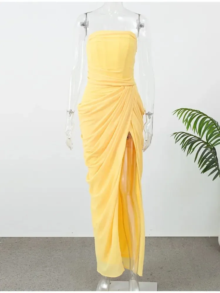 Solid Pleated Strapless Women's Dress Backless Off-shoulder High Waist Split Female Dresses 2026 Sexy Summer Evening Party Gown