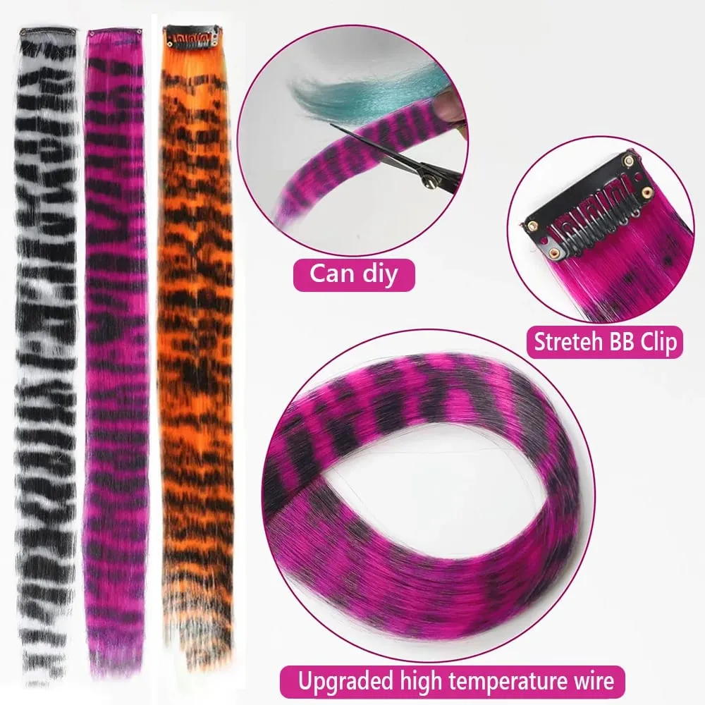 Stripe Printed Hair Colorful Long Straight Hair Pieces Synthetic Clip-in Hair Extensions for Daily Use Party Halloween