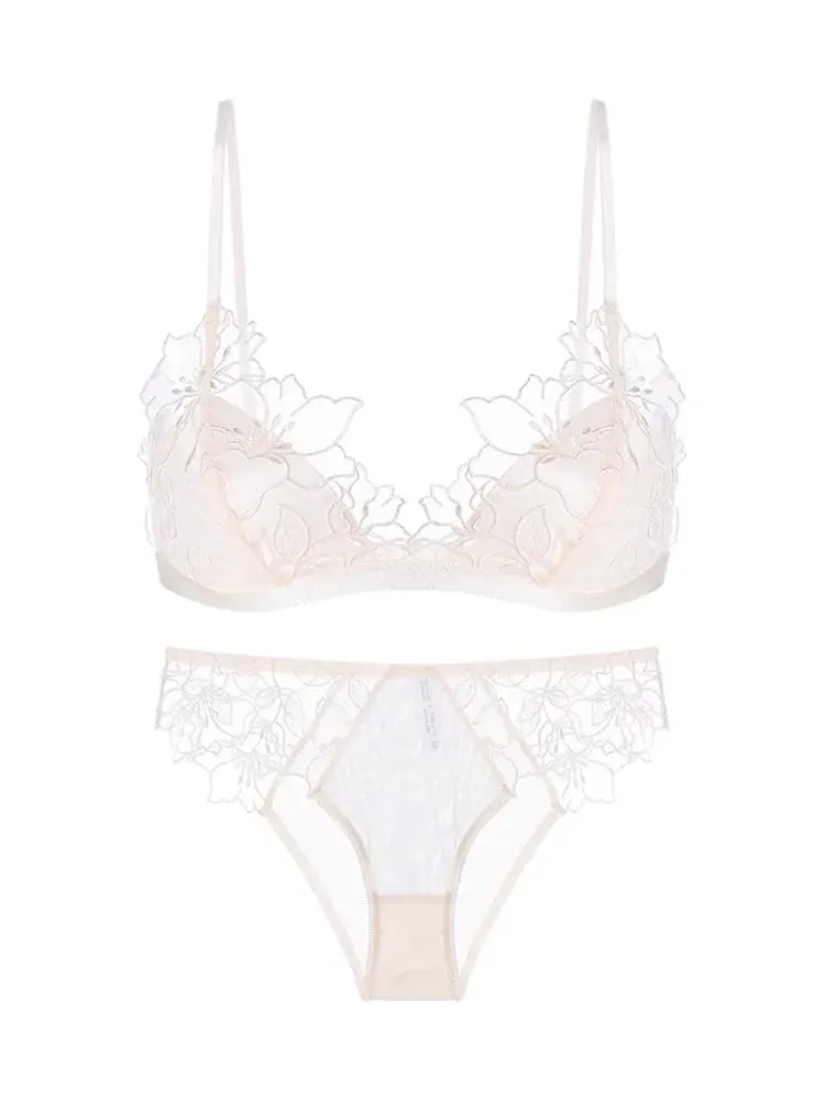 Sexy French Lace Bralette & Underwear Set Lightweight Wireless Triangle Cup Bra for Women Pure Elegant Small Boobs S-XL MOYISU