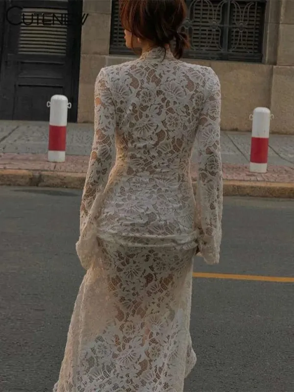 Cutenew Lace Sheer Women Maxi Dress Sexy Solid Fashion Long Sleeve O-neck Bandage Sheath Vestidos Female Stunning Nightout Robe