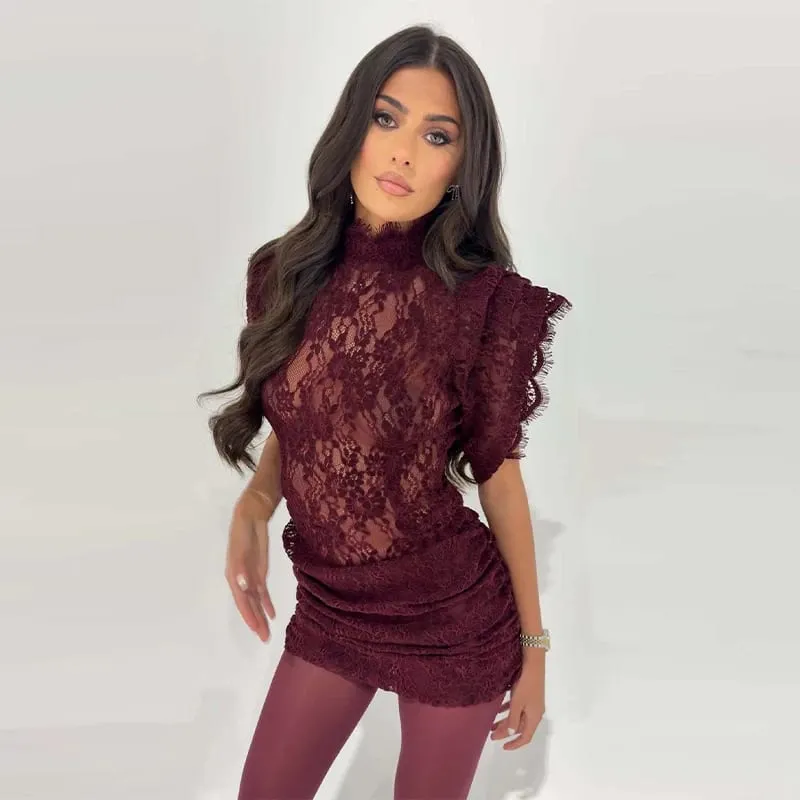 Sexy Lace See Through Party Dress Women Slim Fly Sleeve O-neck Evening Solid Dresses Female 2026 Patchwork Pleated Robe Lady — image 9