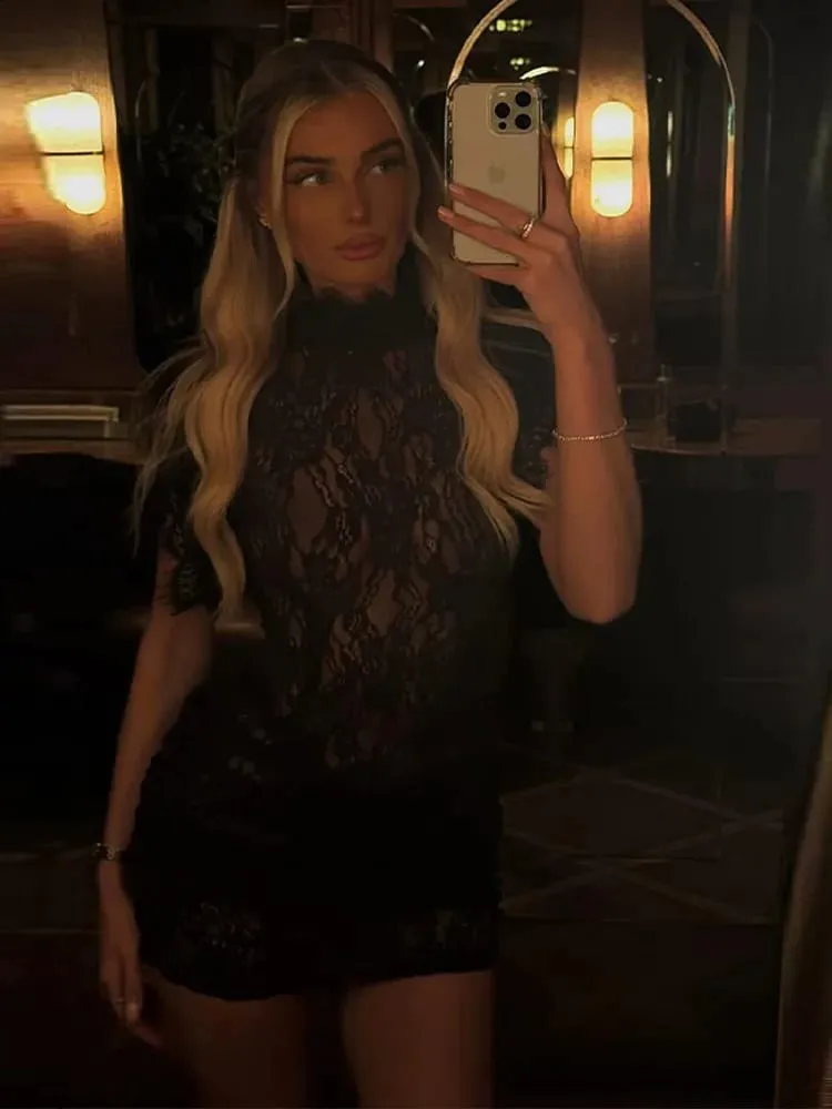 Sexy Lace See Through Party Dress Women Slim Fly Sleeve O-neck Evening Solid Dresses Female 2026 Patchwork Pleated Robe Lady — image 5