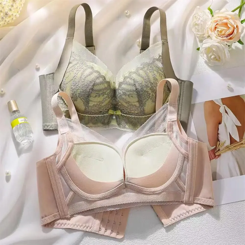 Sutiã push-up de renda bordado sexy feminino respirável ajustável lingerie anti-flacidez sem copo vazio para conforto de suporte