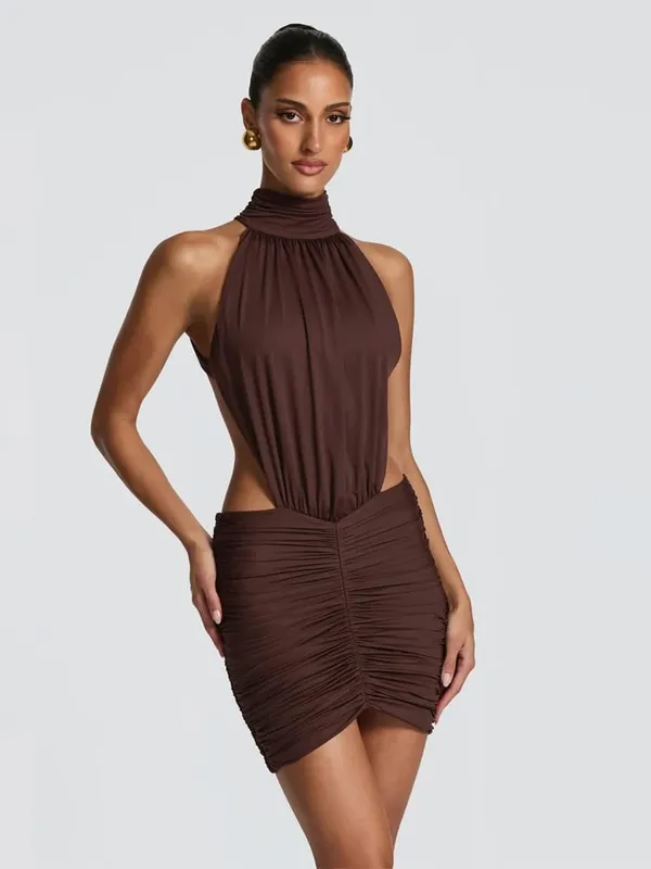 Chic Sleeveless Pleated Slim Mini Dress Women Sexy Solid Backless Hollow Out Round Collar Dresses Lady Evening Party Vestidos
