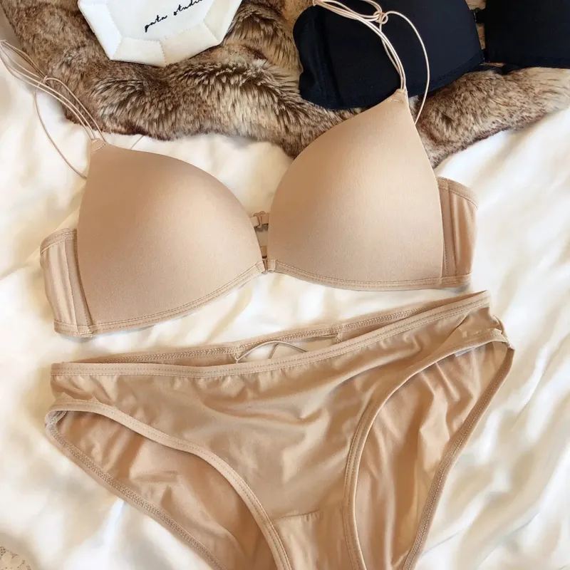 French Front Buckle Women Underwear Sexy Hollow Push Up Bra Set Summer Thin Cup Backless Bralette Fine Shoulder Strap Lingerie