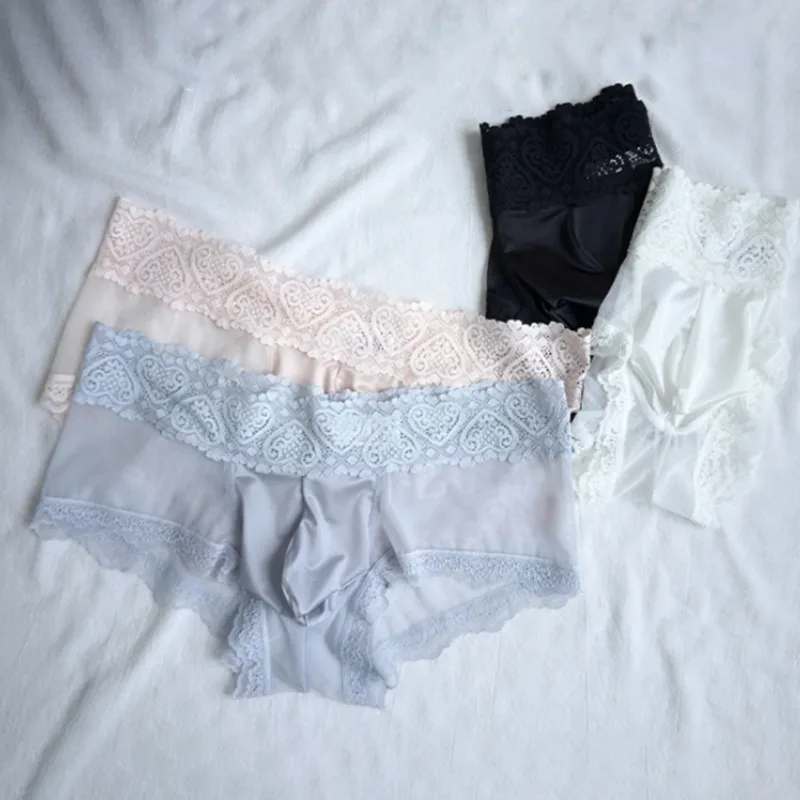 Heren Ijs Zijde Kanten Rand Dunne Naadloze Slips Glanzend 3D Zakje Lichtgewicht Ondergoed Slipje Comfortabele Dagelijkse Lingerie