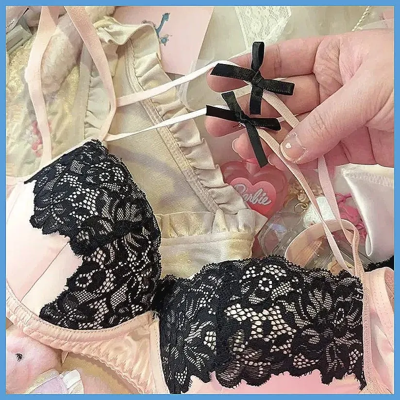 Sexy Lace Lingerie Set with Bow Spaghetti Straps & Steel Ring Uplift Bra for Women