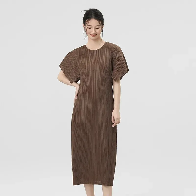 Miyake Pleated Dresses 2026 New Puff Sleeve V-Neck Loose Simple Slimming Elegant Long Dress Women's Draped Comfortable Clothing