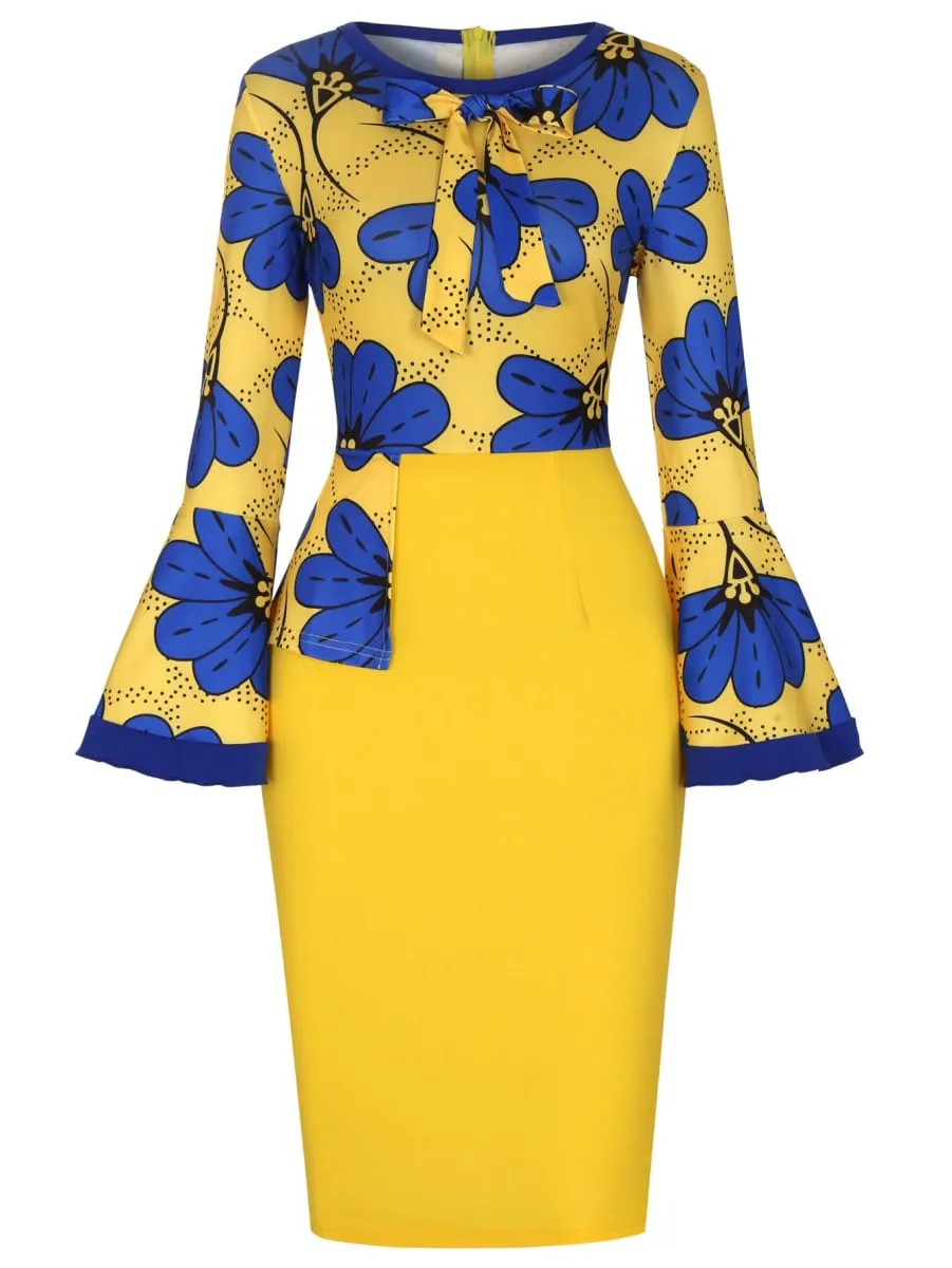 Women Long Sleeves Ethnic Floral Print Round Neck Autumn Knee Length Bodycon Dress Fashion Casual Commuter Party Pencil Dress