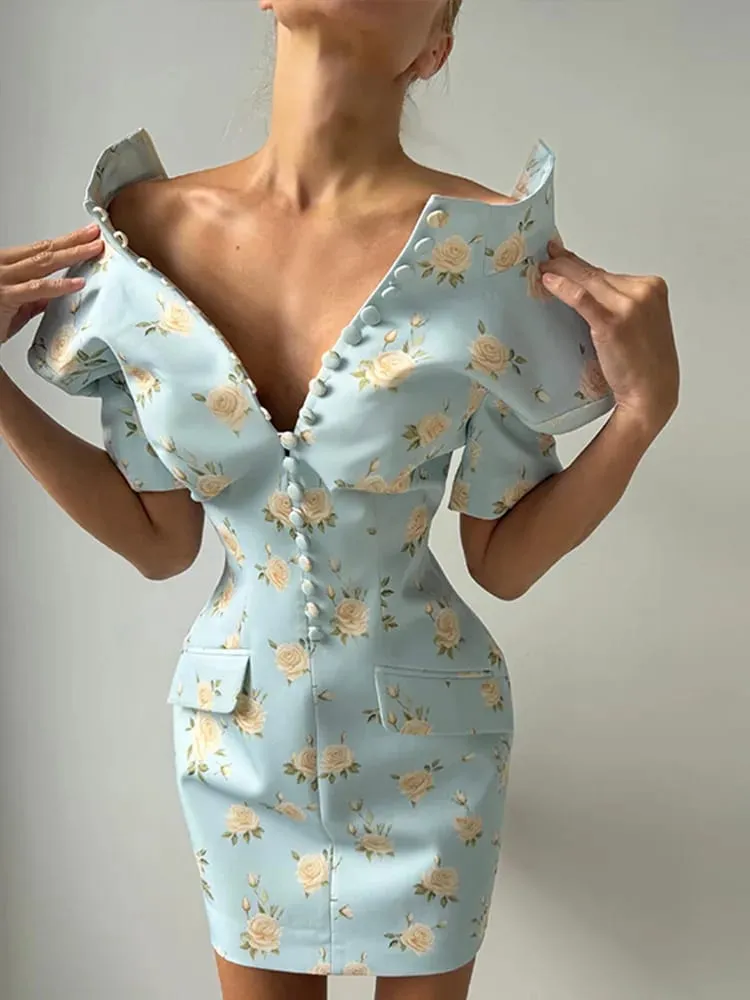 Sexy Print Women's Dress Multi Button Shoulder Pad Waist Cinching Package Hip Short Sleeved Dresses Fashion Summer Daily Wear