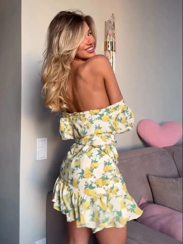 Chic Ruffle Print Slim Fit Dress Women Chic Flared Sleeves V-neck Pleated Short Dresses 2026 Lady Summer Casual Daily Vestidos