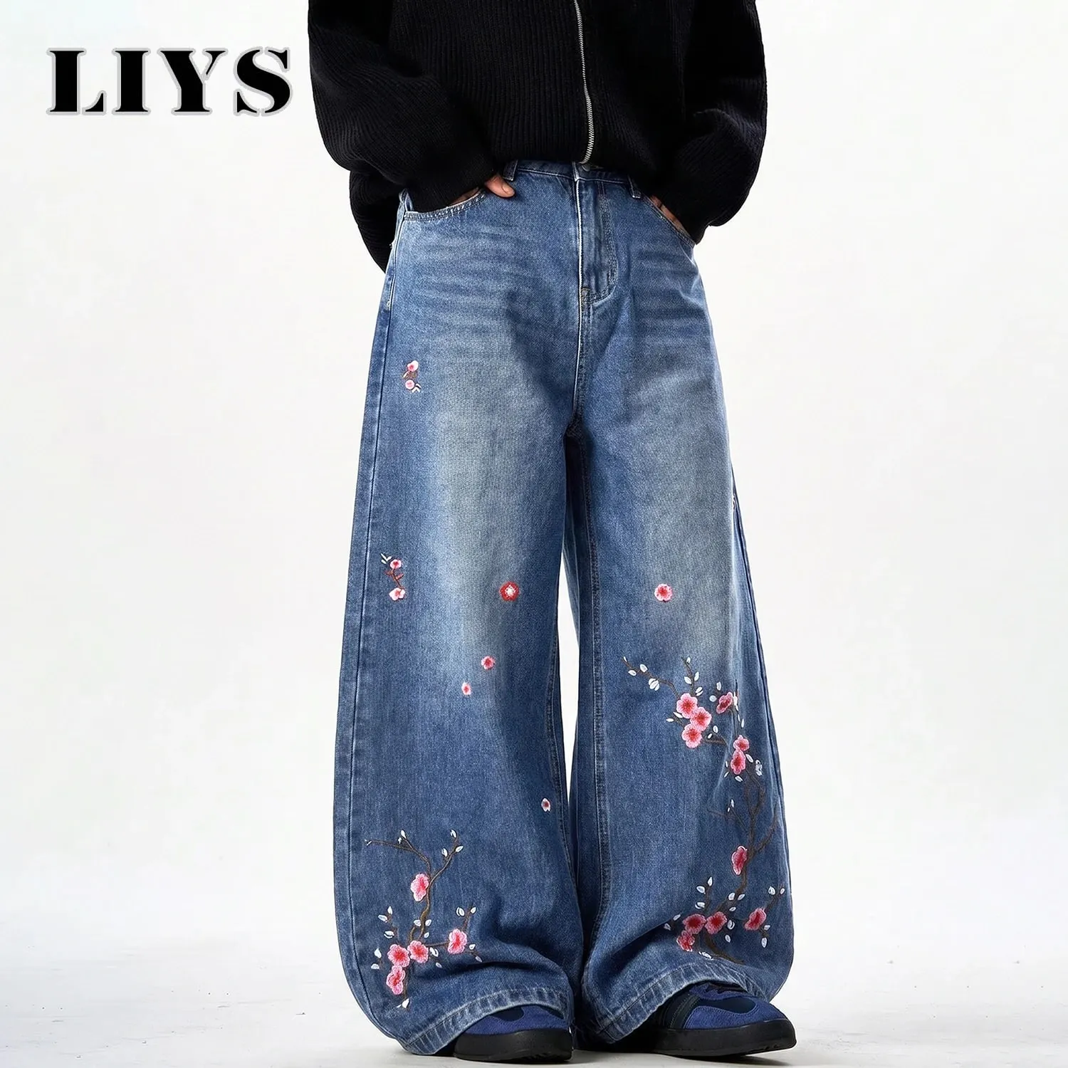 Men's Retor Plum Blossom Embroidered Baggy Jeans Blue Washed Wide Leg Denim Streetwear Casual Denim Pants Unisex