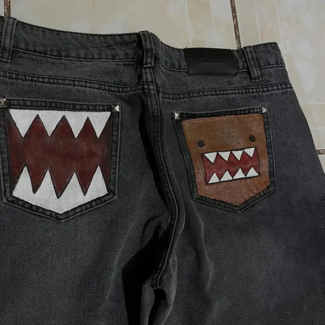 Y2k Wash Dark Baggy Jeans Men Shark Mouth Pocket Print White Tribal Flame Side Graphic Wide Leg Harajuku Hip Hop Denim Trousers