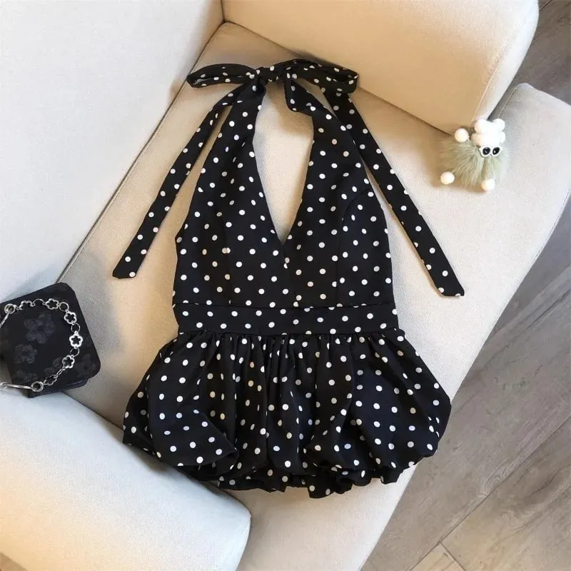 Backless Sexy Halter Beach Babydoll Crop Tops Women Polka Dots V neck Sleeveless T shirt Ruffles Basic Basic Tees Casual New