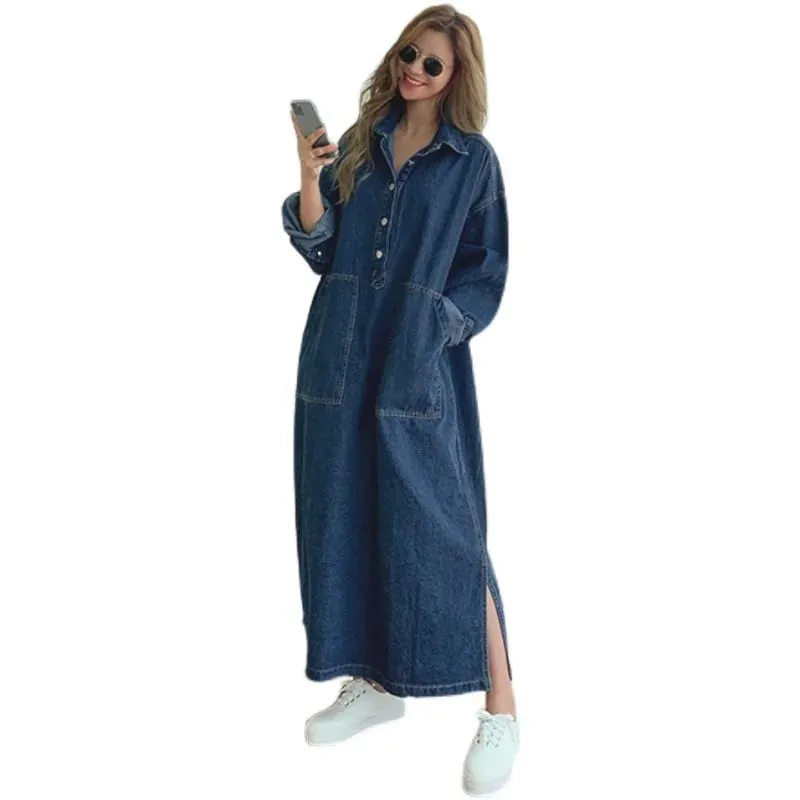 Hosszú ruha Női farmer ruhák lehajtható gallér Egy vonal Vestidos Maxi Mom Farmer Utcai ruházat Alkalmi laza Y2k Nyár 2025 Party