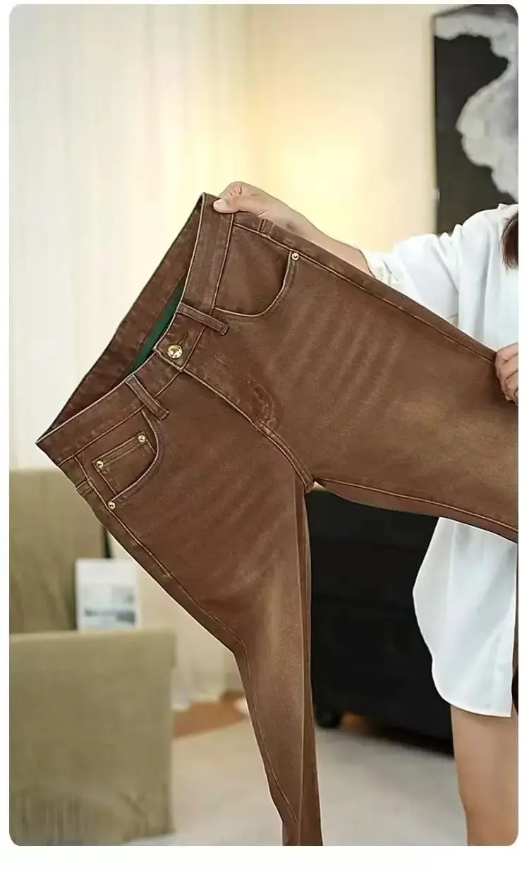 2026 New High-end High-quality Denim Brown Baggy Cotton Elastic Jeans Retro Nostalgic Men's Vintage Straight-fit Trousers