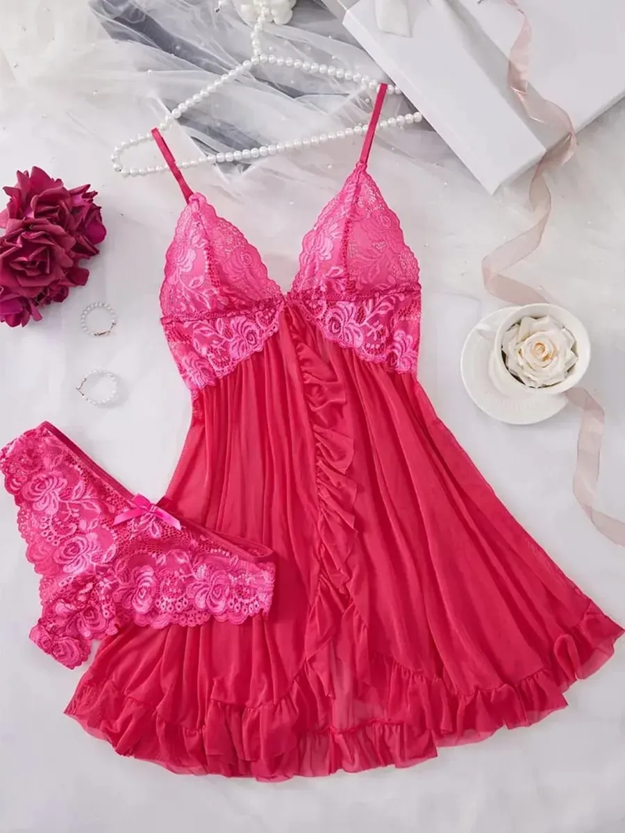 Women Sexy Lingerie Set Lace Bra Nightdress Solid Color Slim Fit Soft Sleepwear Erotic Underwear Dress