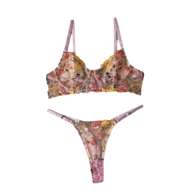Versatile Transparent Lingerie Set Ultra-thin Elegant Embroidery Floral Underwear Push Up Panties Bra Set Women