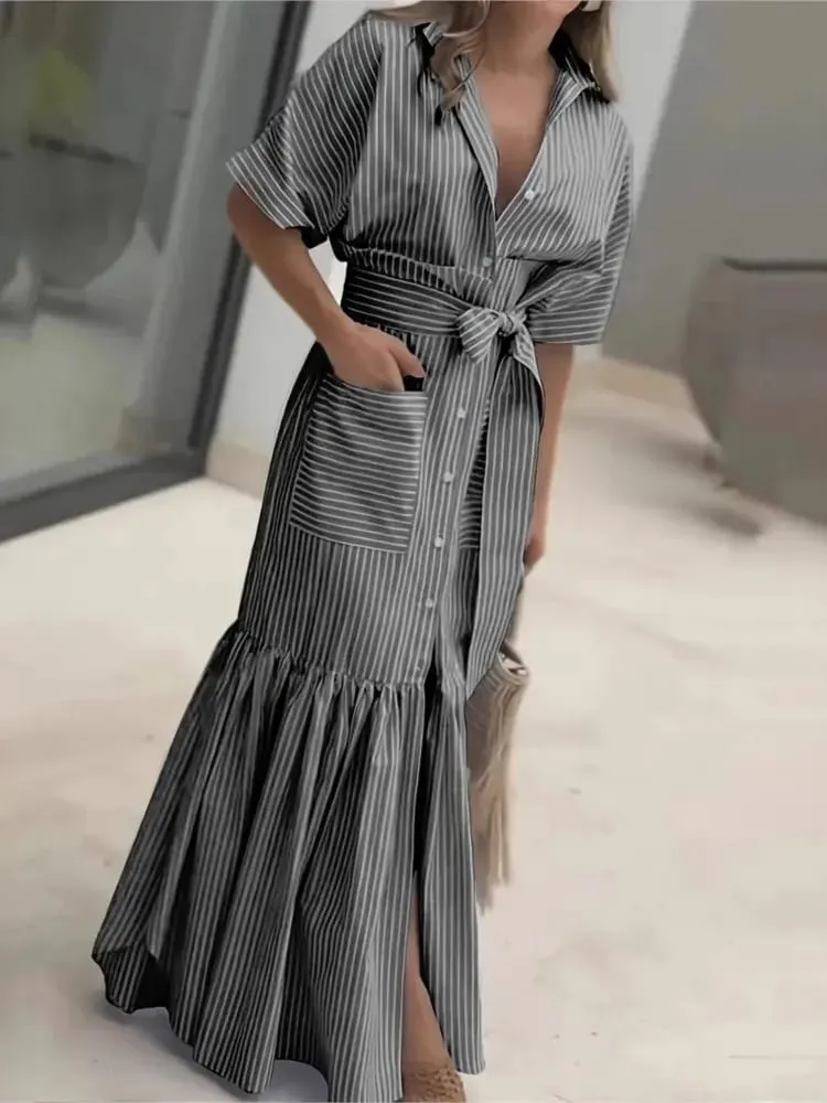 Lady Striped Ruffles Dress For Women Fashion Long Sleeve Turn-down Collar Button Lace-up Loose Dresses Robe Femme Office Skirts