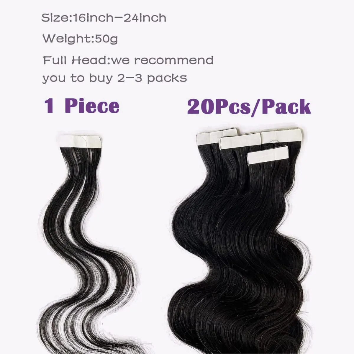 Body Wave Tape In Hair Extensions Human Hair 16-26 Inch Wavy Black Tape Ins Double Sided Natural Real Virgin Hair 20Pcs 50G