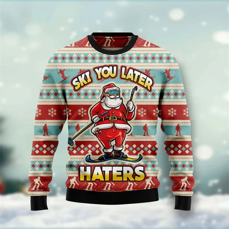 Fashion Skiing Santa Graphic Ugly Christmas Sweater For Men Trendy Streetwear 3D Printed Xmas Sweatshirts Loose Holiday Pullover