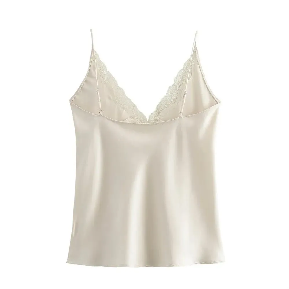 Casual Solid Color Lace Patchwork Tanks Spaghetti Strap Breathable Satin Camisole Sleeveless V-neck Tops Party Outfit
