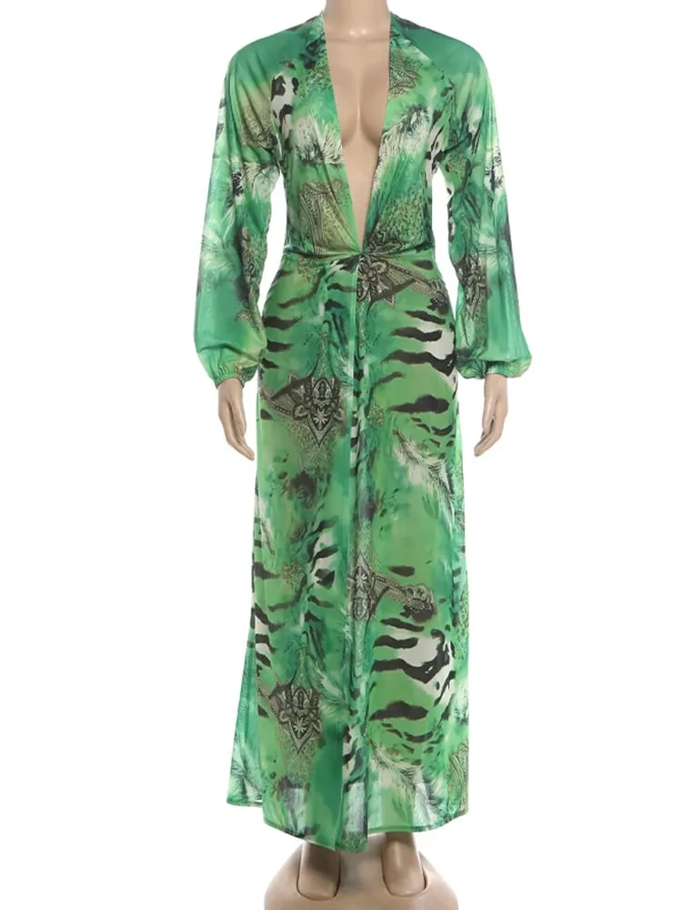 Nibber Lantern Sleeve Tiger Stripe Print Long Dress Woman Autumn Trend Deep V-Neck Sexy Backless Beach Party Elegant Vestidos
