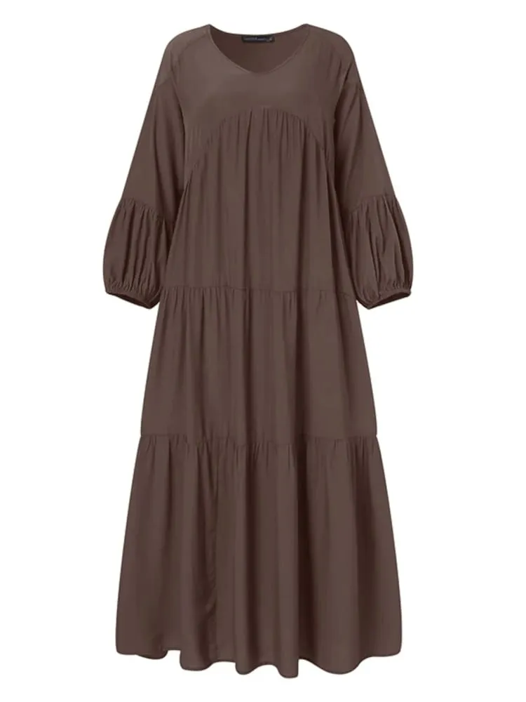 Robe longue à volants Vintage pour femmes, tenue de printemps décontractée, manches bouffantes, Maxi, col en V, robes élégantes