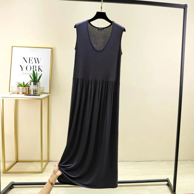Plus Size L bis 6XL Damenkleid Modal Ärmelloses Tankkleid Plissiertes Schlafkleid Mittellange Taillenschlankungskleider Lockere Homewear — image 15