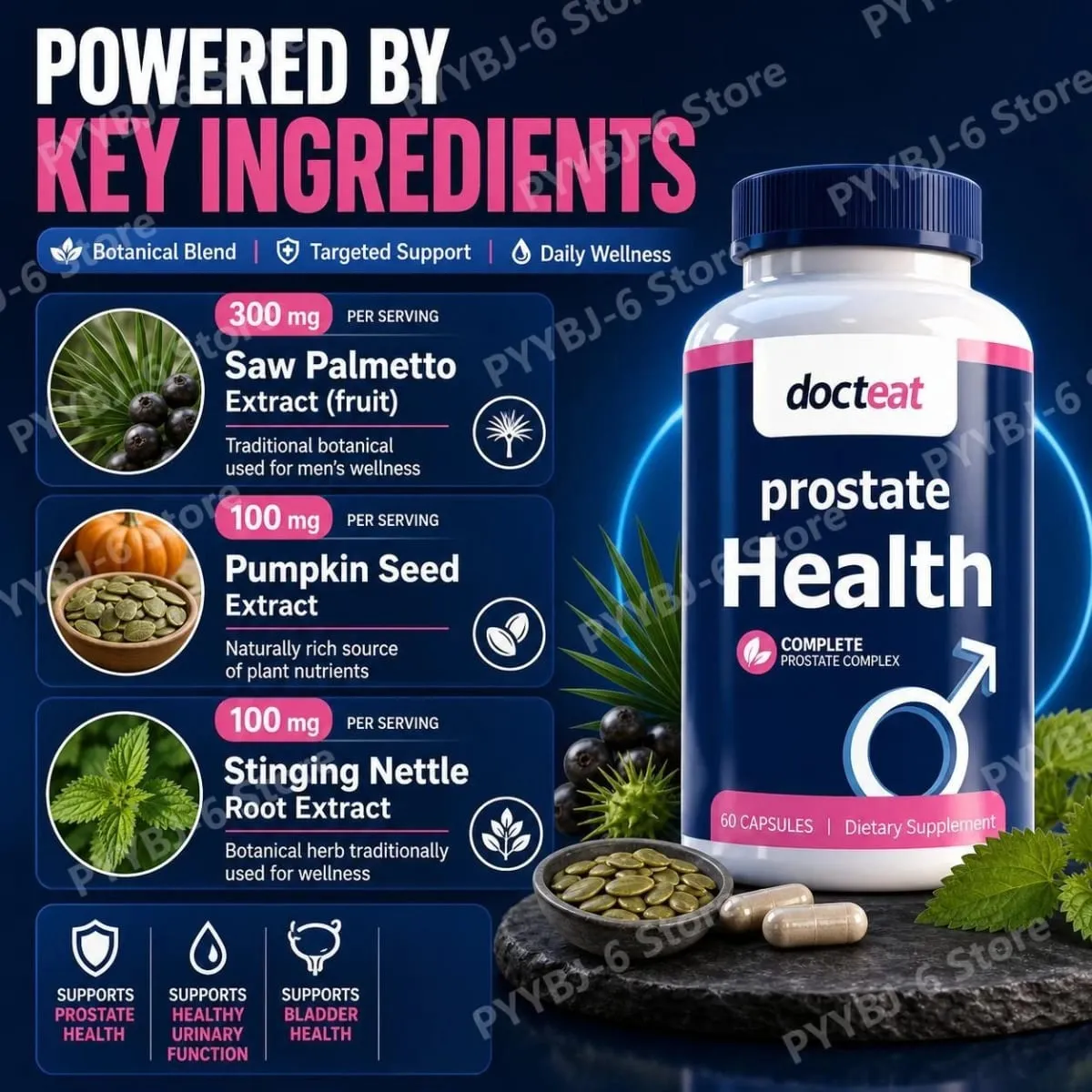 Docteat Prostate Health Capsules with Saw Palmetto Extract Pumpkin Seed Extract Stinging Nettle Root Extract 60 Capsules