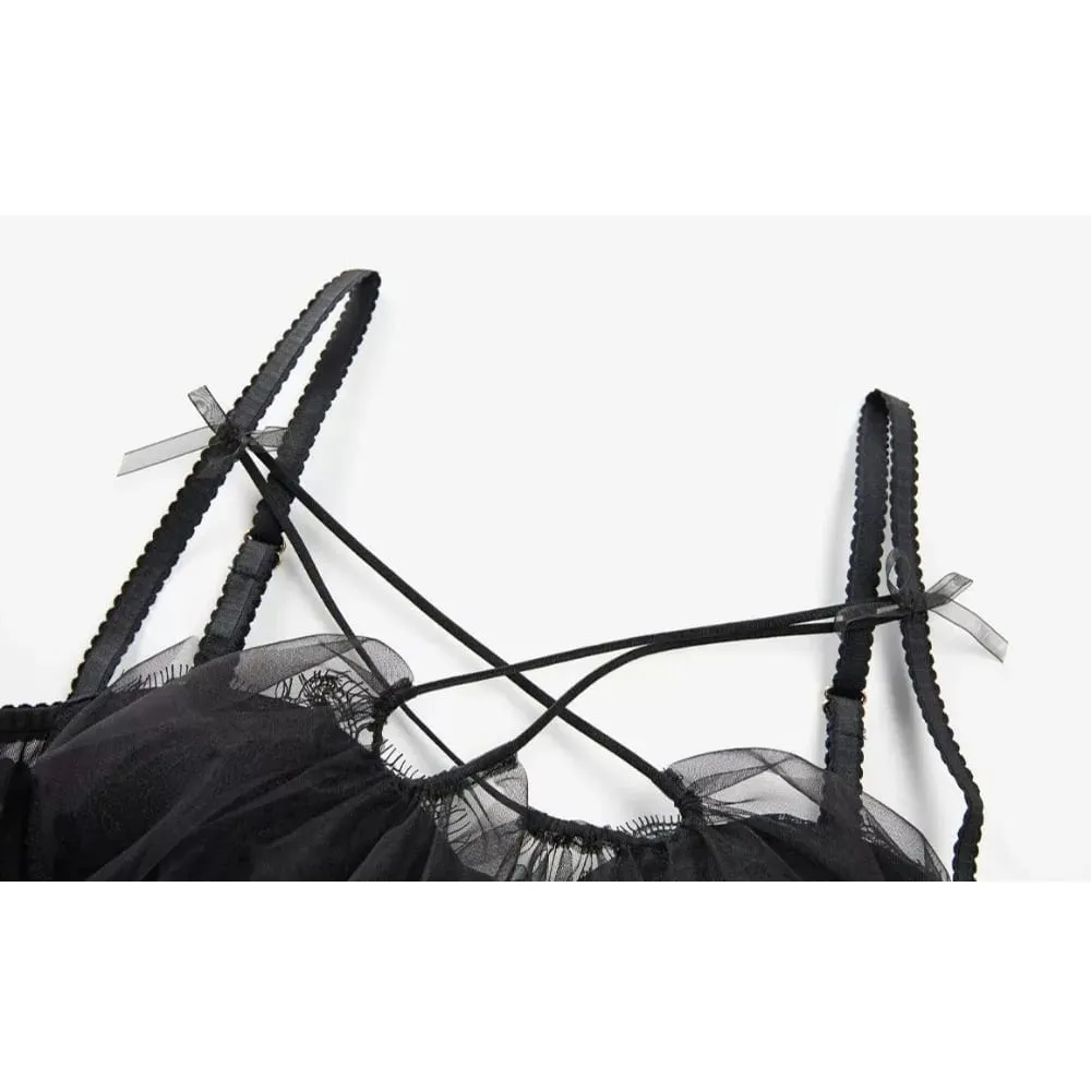 French Romantic Cross Layered Mesh Camisole Padded Bra Women Christmas Sexy Sheer Sleeveless Tank Top Intimate Lingerie Vest