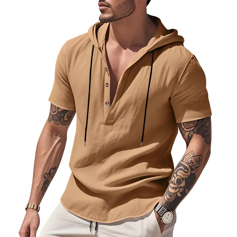 Hoodies men's sweatshirt 2026 summer linen hooded beach casual drawstring short-sleeved T-shirt sweatshirt man's clothing