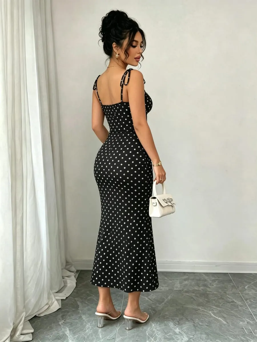 Itim at Puting Polka Dot Bow Mid-Length na Damit Pleated Tight-Fitting Fishtail Dress Vintage Slim-Fit Fishtail Party Long Dress