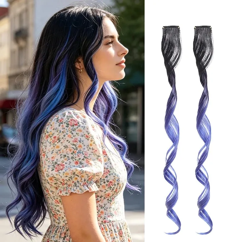 Gradient Wave Clip - in Hair Extensions 2pcs Synthetic Fiber Color - Blocked Tassel Ear - Side Dyeing for Daily Party Cosplay