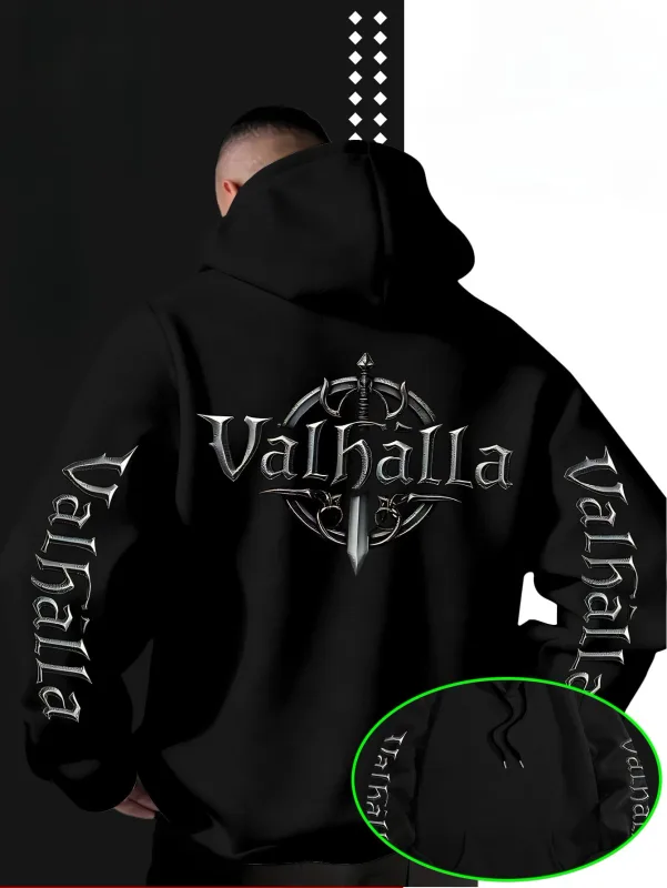 Street Style Loose Viking Valhalla Sword-Shaped Logo Printed Hooded Sweatshirt for Men, Suitable for Autumn and Winter.