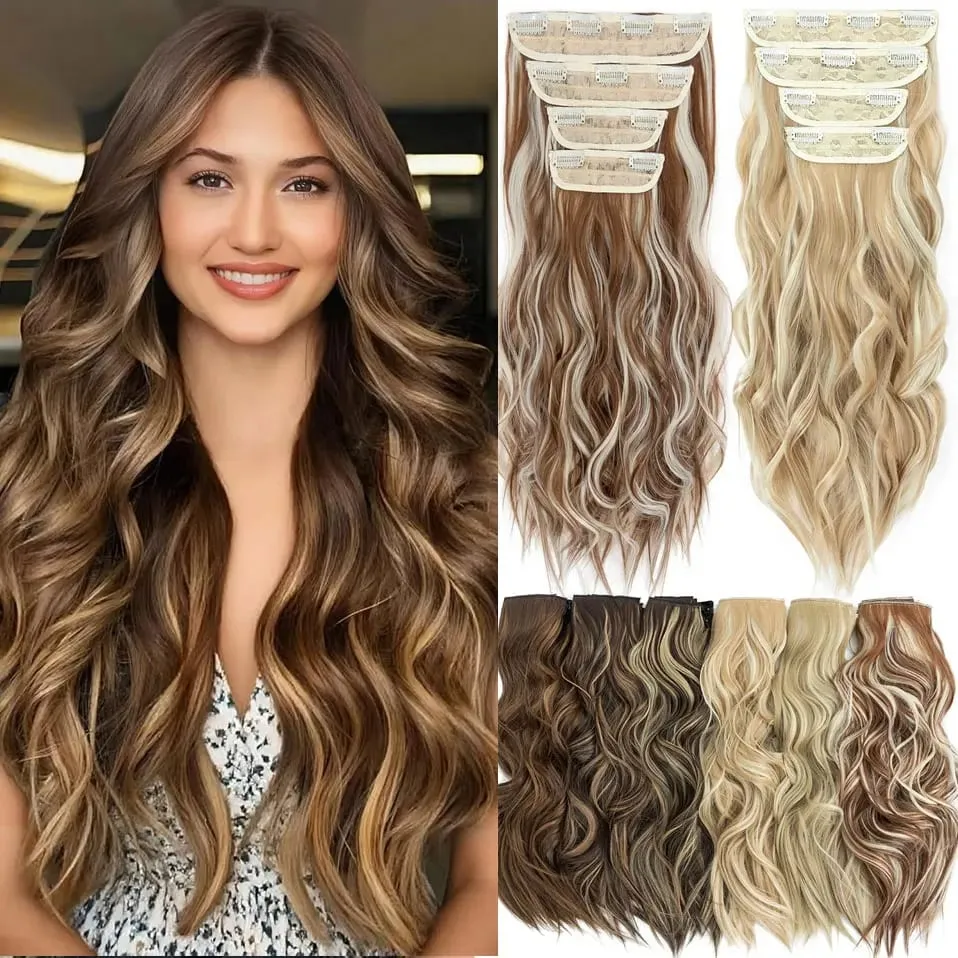 S-noilite Synthetic Hair 22inch Clips In Hair Extensions Long Wavy Clip In Hair Thick Double Weft 4Pcs/set Hairpieces For Women