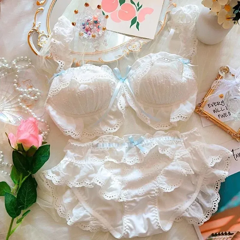 Japanese Sweet Girl Lingerie Set: Ruffles Embroidery Cotton Micro-Gather Bra & Panty with Cute Bow