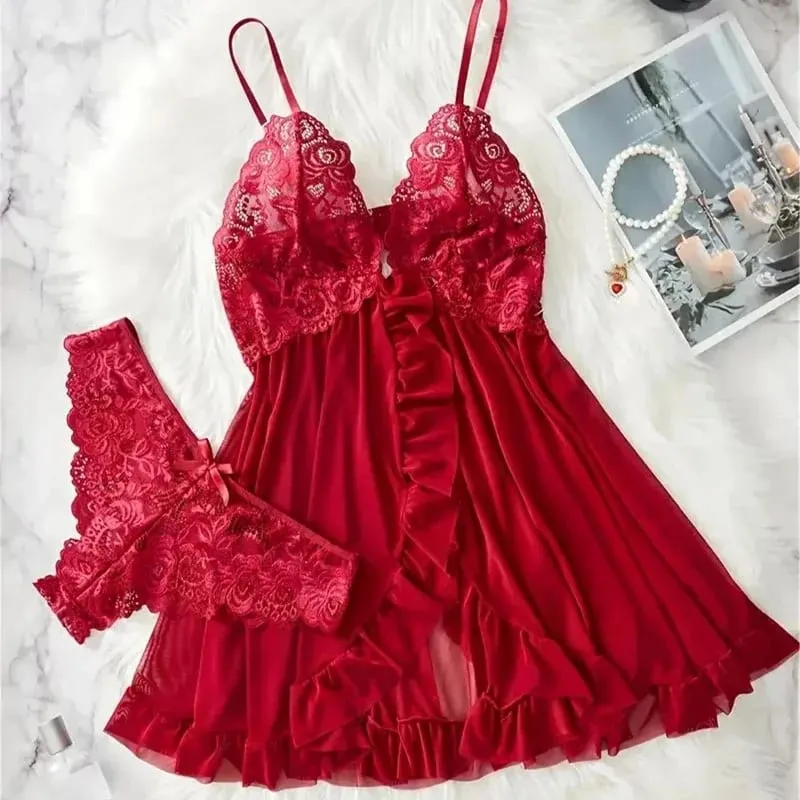 Red Sexy Lingerie Erotic Underwear Sets Transparent Porno Lace Bra And Panty Set Lingerie Women Hot Sleepwear Babydoll Dress — image 9