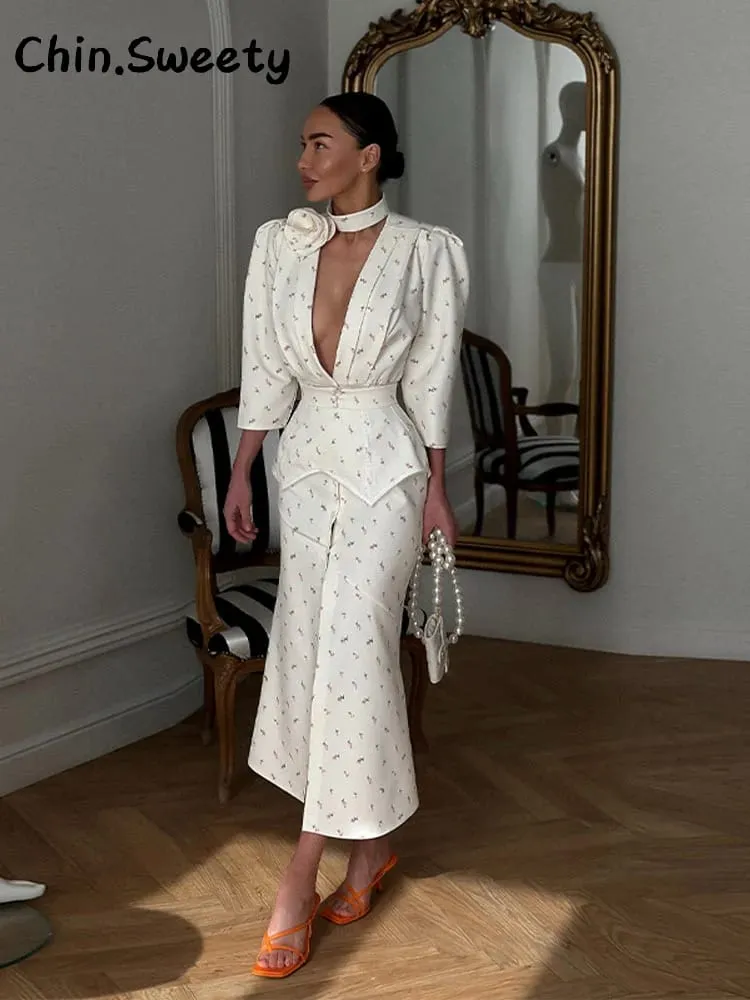 Elegant Women's Printed Waistband Long Dress 3D Flower V-neck Bubble Sleeve Patchwork A-line Dresses 2026 Spring Party Robe