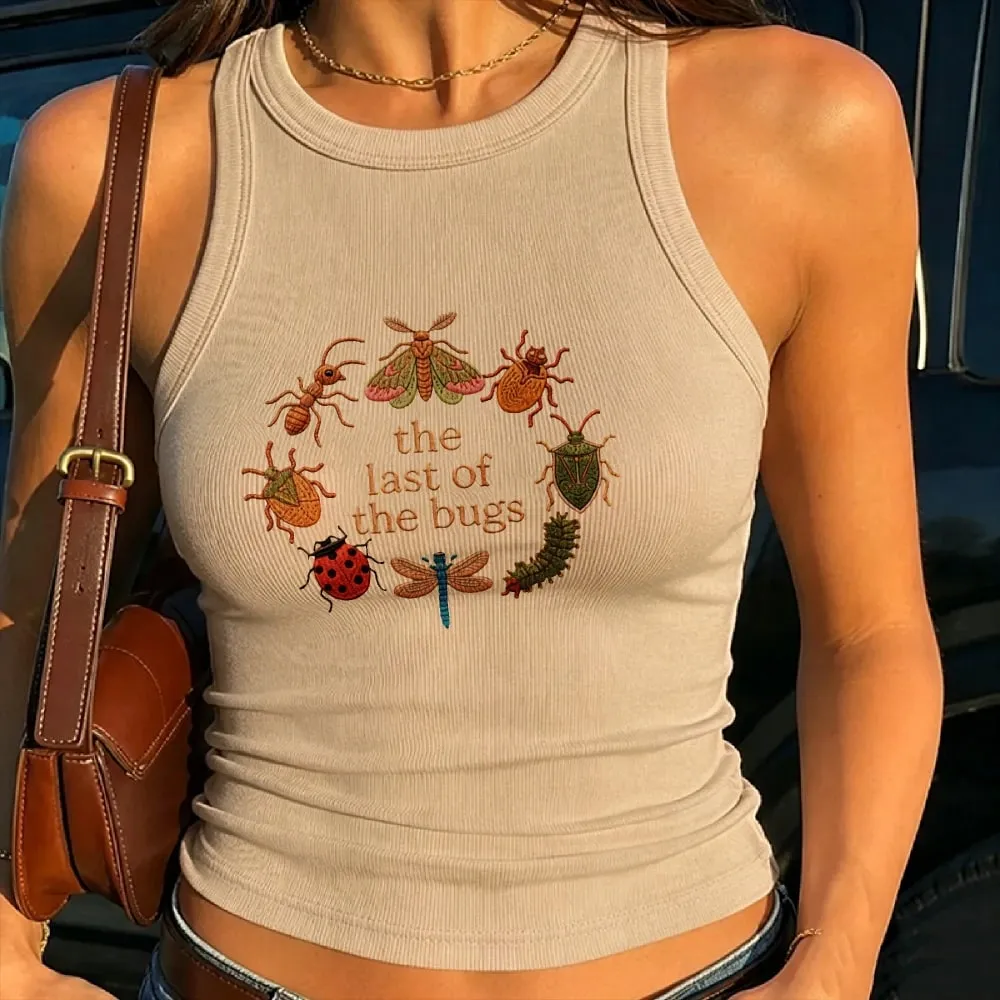 Cropped Ribbed Faux Embroidery Tee Shirt Y2K Cottagecore Insect Bug Print Vest Tank Top Summer Minimal Nature Gift for Her Lady