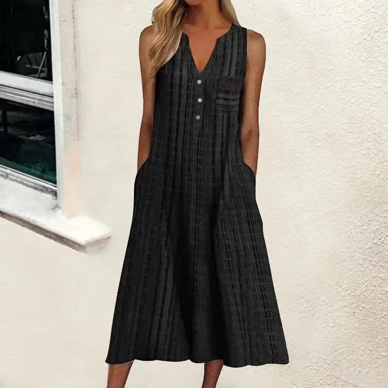 Summer New Women's Dresses V-Neck Sleeveless Button Loose Striped Print With Pocket Casual Beach Dresses