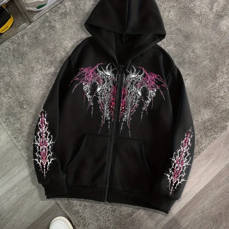 Men's Gothic Dark Print Zipper Hooded Casual Sports Sweatshirt Zipper Jacket Autumn and Winter New Casual Retro Street Style Top