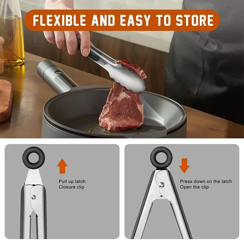 2 Pcs Stainless Steel Kitchen Tongs 9 12 inch Locking Cooking Tongs Non-Slip Metal Food Tongs BBQ Grilling Tongs Serving Clip