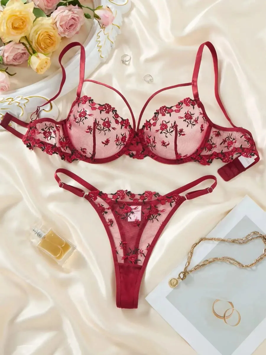 Vintage Wine Red Floral Lace Lingerie Set Thin Double Straps Sheer Transparent Mesh Bra Adjustable Briefs Boudoir