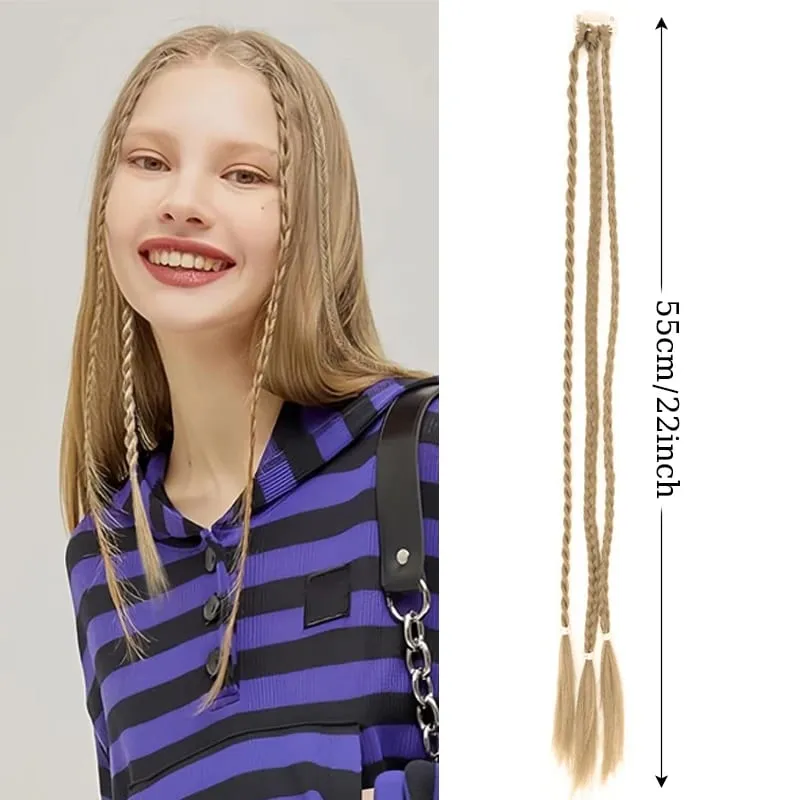 1Pc Clip in Braid Hair Extensions Wig 22inch Synthetic Braided Hairpiece 3 Braids on One Clip for Women Daily Costume Party Use